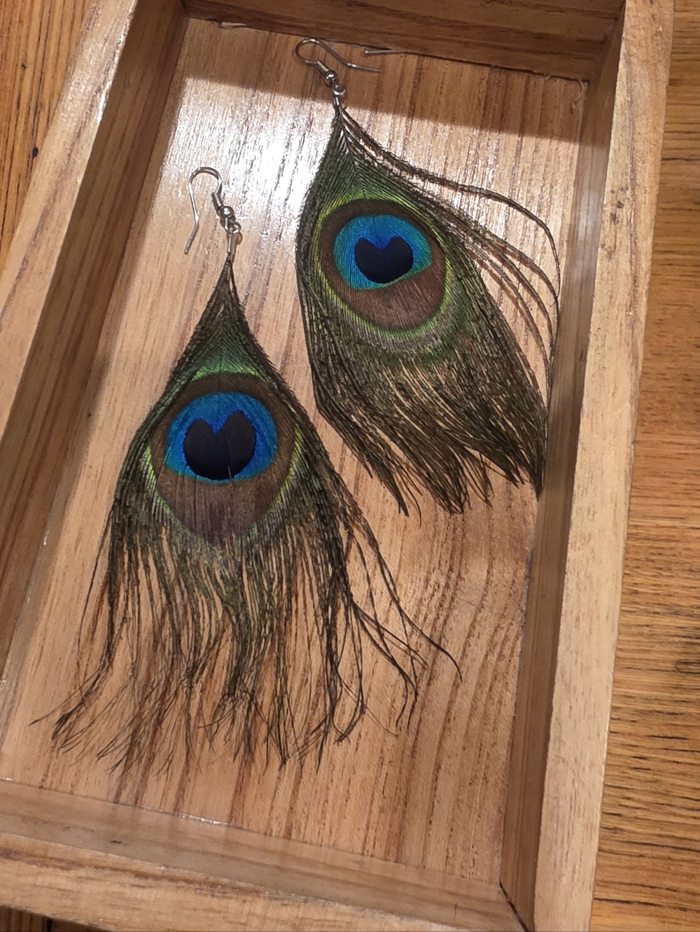 Peacock Feather Drop Earrings - Blue & Green